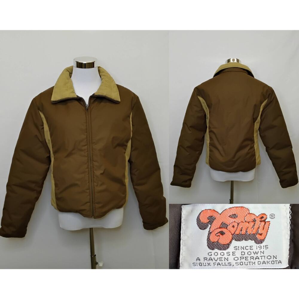 Comfy Down Jacket Women's S Brown Corduroy Accents Vintage 1970s USA #J5617